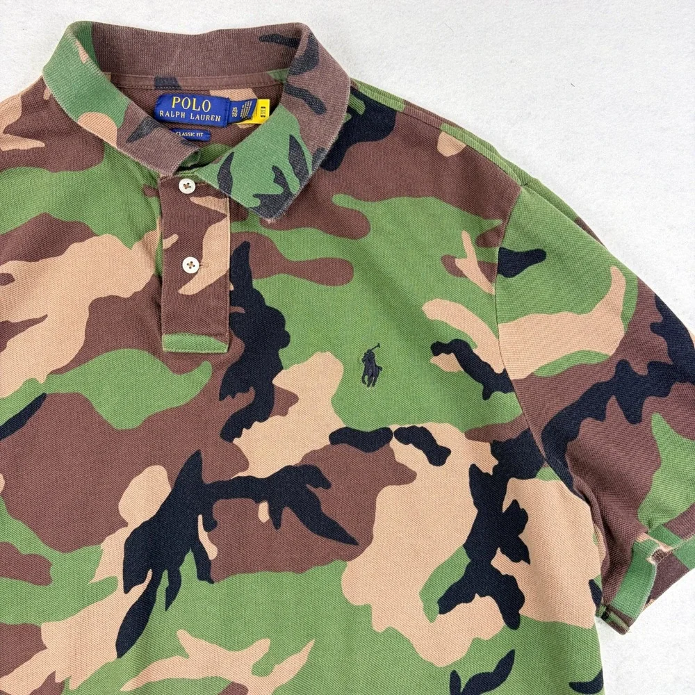 Polo Ralph Lauren Mens Camo Polo Shirt XL Classic Fit Green Brown Cotton Pique